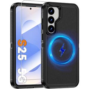 Magnetic Case for Samsung Galaxy S25 with Screen Protector [Compatible with MagSafe Wireless Charging] [Dual Layer Military-Grade Protection] Heavy Duty Rugged Shockproof Protection Cover, Black