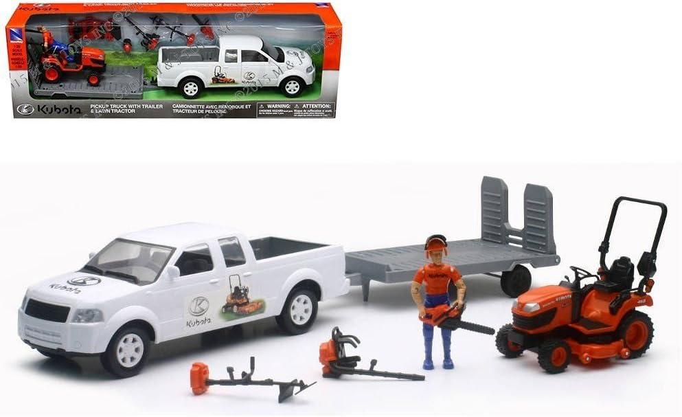 New Ray New 1:20 NEWRAY KUBOTA Collection - KUBOTA Pickup Truck with Trailer & Lawn Tractor Model Toys, 1:20 Scale