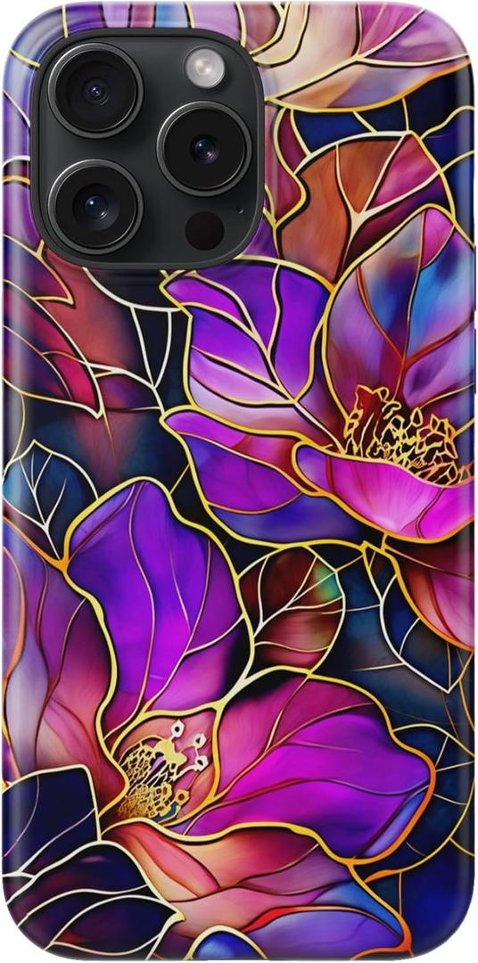 for iPhone 16 Pro Case - Wireless Charging Compatible - Dual-Layer Hard Shell + Silicone Cover - Shockproof Protective Phone Case with Stylish Designs for Women - Blooming Purple Flowers