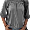 Grlasen Women's Solid Crew Neck T Shirt Blouse Cotton Half Sleeve 3/4 Sleeve Casual Loose Pleated Basic Tops (Gray, S)