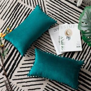 DEZENE 12x20 Throw Pillow Cases Teal: 2 Pack Cozy Soft Pom-poms Velvet Rectangular Decorative Pillow Covers for Farmhouse Home Decor