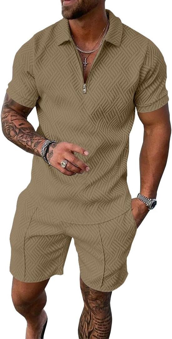 UOUA Mens Summer Track Suits 2 Piece Shorts Sets Short Sleeve Sweatsuit Outfits 1/4 Zip Golf Polo Shirts Loungewear, XL