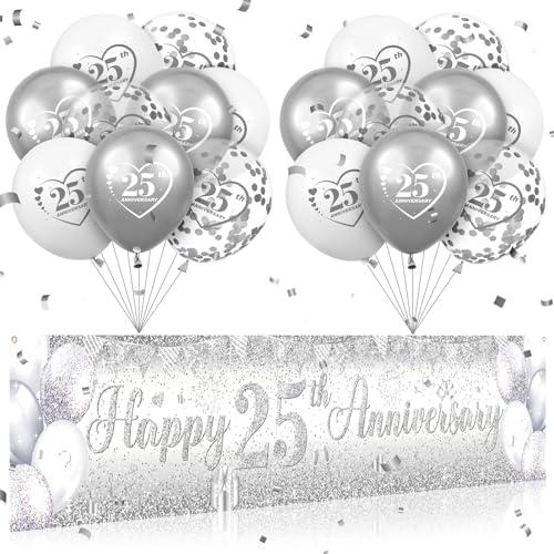 Silver 25th Wedding Anniversary Decorations for Men Women Silver Happy 25th Anniversary Banner and 18Pcs Balloons for 25 Years Wedding Party Decoration Supplies