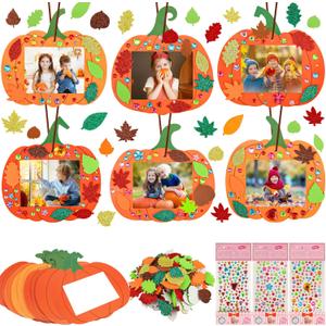 24 Sets Fall DIY Picture Frames Craft Kit Pumpkin DIY Photo Frame Autumn Photo Craft Kit with Foam Maple Leaves Rhinestone Stickers for Thanksgiving Decor Favor Art Gift Kids Classroom Home Activity