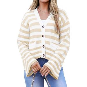 Saodimallsu Womens Striped Cardigan Sweaters Cropped Fall Button Open Front Long Sleeve Knit Sweater Coat with Pockets, Apricot, 30x40