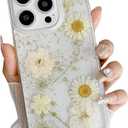 JANDM Real Flower Case for iPhone 16 Pro Max,Clear Soft Flexible Rubber Pressed Dry Real Flower Girls Women Glitter Floral Case for iPhone 16 Pro Max -Daisy