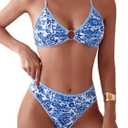 Fanuerg Women's Triangle Bikini Sets O Ring Linked Two Piece Swimsuits Floral Printed Cheeky Bathing Suit Blue M