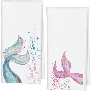Mermaid Bathroom Decor Hand Towels Set of 2, Mermaid Gifts Blue Pink Tail Decorative Kids Hand Towels for Girls, Coastal Beach Kitchen Towels, 16x24 Inch