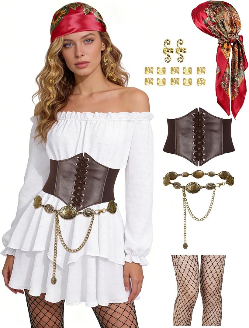 Pirate Costume Women Renaissance Dress with Pirate Accessories Outfit for Halloween Cosplay (Small, White)