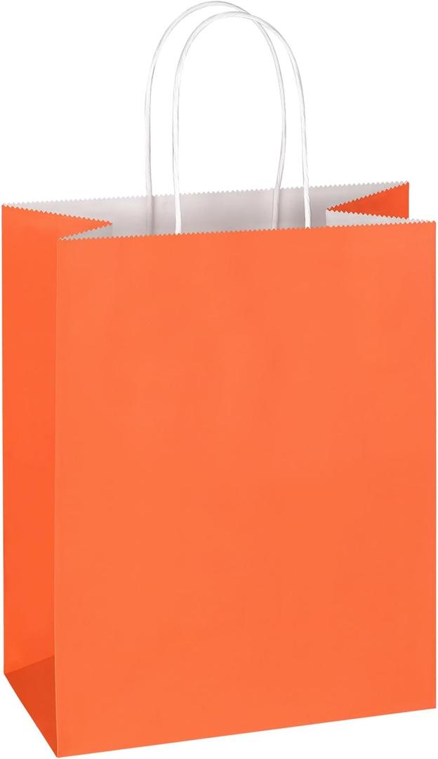 Mlyta 100 Pack 8x4.75x10 Inch Medium Orange Kraft Paper Gift Bags with Handles Bulk for Goodie, Party Favor, Brithday Grocery Shopping, Small Business Wedding Retail Craft Treat, Merchandise Sacks