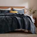 LEAONME Velvet Quilt California King Size 118''x106'', Lightweight Navy Blue Velvet Comforter Set with 2 Matching Shams, Soft Cross Stitch Bedspread Coverlet, Oversized King Bedding Set for All Season