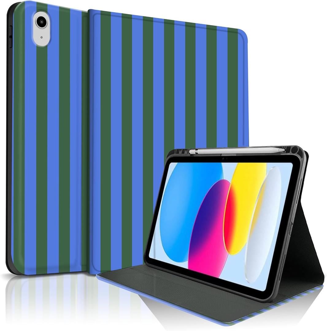 TopPerfekt Case for iPad 11th (A16) 11-inch 2025/10th Generation 10.9-inch 2022, Striped Cute Girly Collegiate Style Case with Pencil Holder for Kids, Boys, Girls, Anti-Slip/Anti-Shock-Deep Blue Green