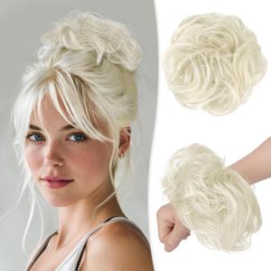 RUWISS Large Messy Bun Hair Piece 100% Human Hair Layered Wavy Curly Hair Buns Hair Piece for Women Updo Hairpiece for Daily Wear Real Hair Ponytail Extension (Platinum)