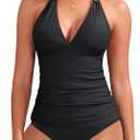 Yonique Womens Two Piece Swimsuits Tummy Control Tankini Plus Size Bathing Suit Halter V Neck Swimwear (XX-Large, Black)