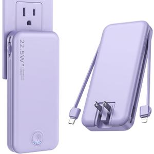 Portable Charger with Built in Cable and AC Wall Plug, USB C Power Bank 12000mAh 22.5W Super Fast Charging, Lightweight Portable Phone Charger Travel Battery Pack for iPhone, ect (Purple)