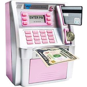 2025 Upgraded ATM Piggy Bank for Real Money, Talking ATM Bank for Kids, Money Bank with Card, Password, Coin Recognition, Bill Feeder, Balance Calculator, Gift for Teen Boys Girls, Pink