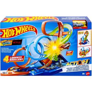 Hot Wheels Track Set with 4 Loops, 3-Way Crash Zone & Motorized Booster, Folds for Storage, with 1:64 Scale Toy Car