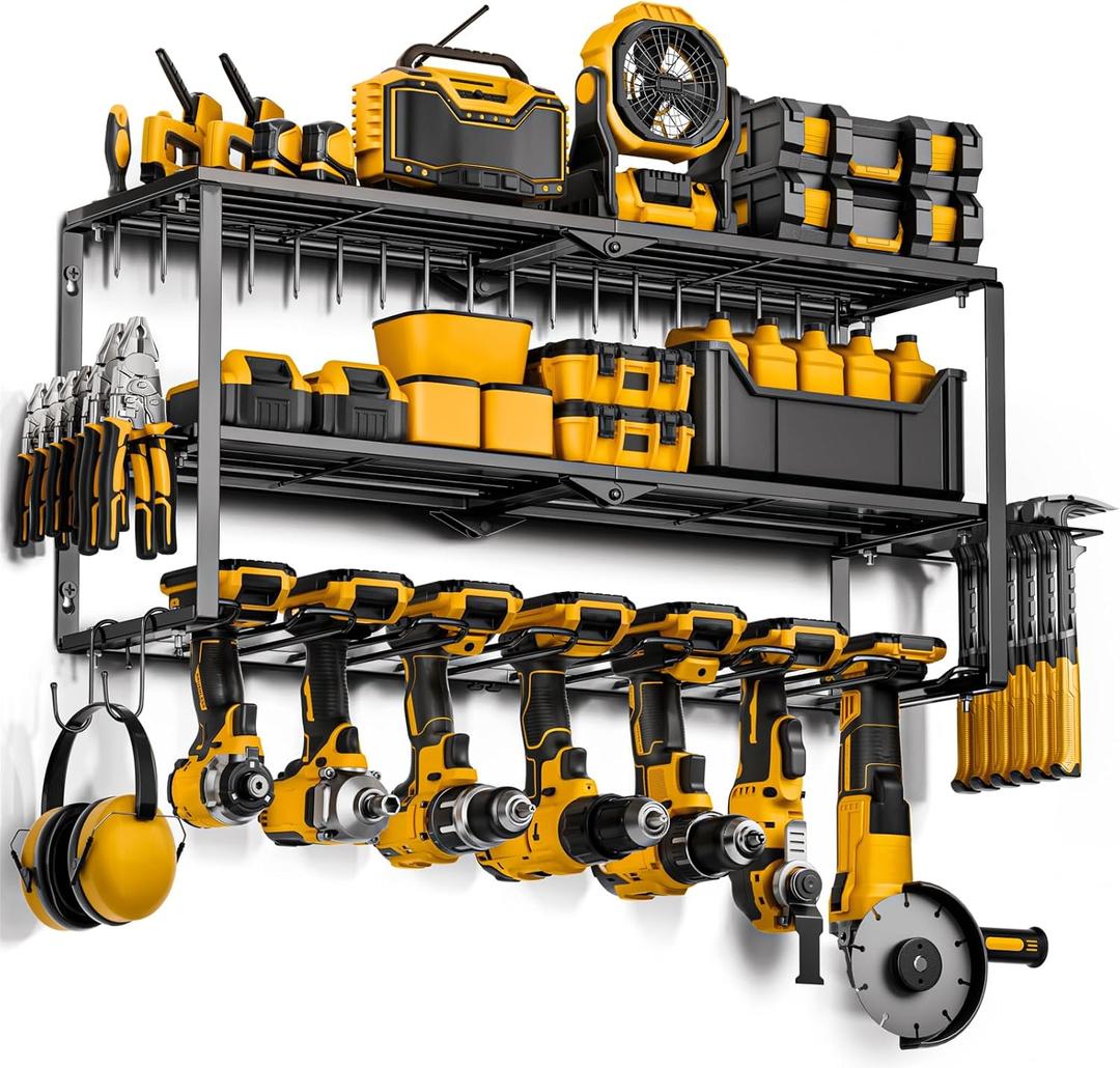 Power Tool Organizer Wall Mount - 150Lbs 7 Drill Holders 3 Layer Heavy Duty Metal Tool Storage Rack,Garage Tool Organizer and Storage with Hammer Holder/Screwdriver Holder/Plier Holder - Gifts for Men