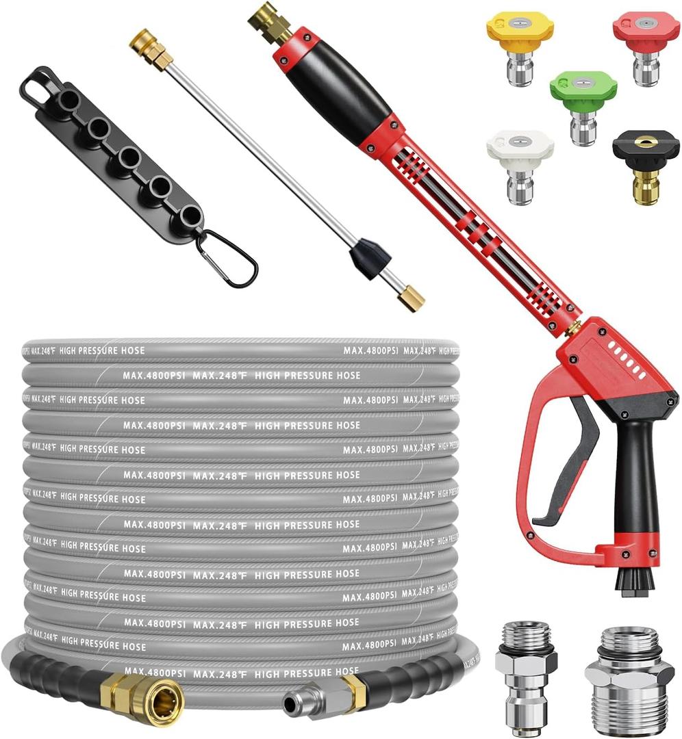 Pressure Washer Gun and Hose Kit, 4800PSI Steel-Braided & Durable - Flexible & Kink-Resistant Power Washer Hose 50 FT with 3/8" Swivel Quick Connector and M22 14mm Adapters Replacement
