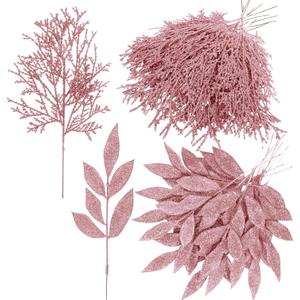 Winlyn 30 Pcs Christmas Artificial Bay Leaf Picks Cedar Sprays Rose Gold Glittered Christmas Tree Ornament Picks Winter Floral Stems for Rose Gold Christmas Tree Seasonal Wreath Wedding Centerpiece
