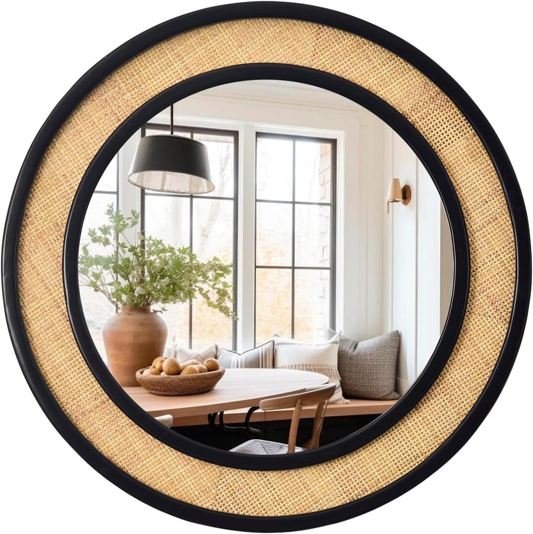 Round Rattan Mirror, 24" Circle Wall Mirror, Farmhouse Wooden Vanity Mirror with Handmade Wicker Frame, Decorative Boho Mirror for Nursery Bedroom Living Room Entryway Black