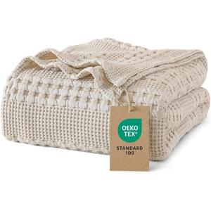 PHF 100% Cotton Waffle Weave Blanket Queen Size for Bed, Soft Lightweight & Breathable for Spring and Summer, All-Season Comfort, Luxury Aesthetic Blanket for Home Decor, 90"x90", Light Taupe/Oatmeal