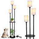 Stepeak Floor Lamp with Shelves, Modern Floor Lamps for Living Room, 3-Lights Standing Lamp with Linen Shade and Foot Switch, Industrial Standing Lamps for Bedroom, Black Tall Table Lamp for Office