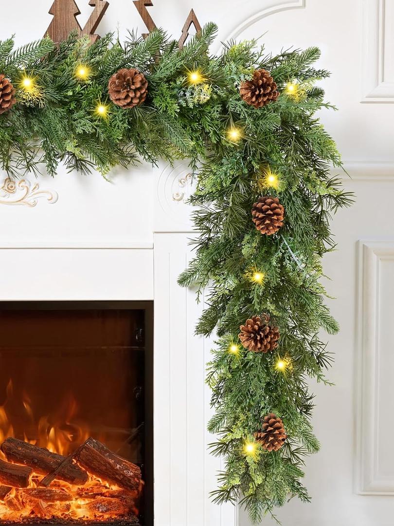 Waipfaru 6FT Christmas Garland with Lights, Realistic Cedar Garland with Pinecone Real Touch Norfolk Pine Garlands, Prelit Lighted Cypress Garlands for Mantle Table Stairs Winter Indoor Outdoor Decor