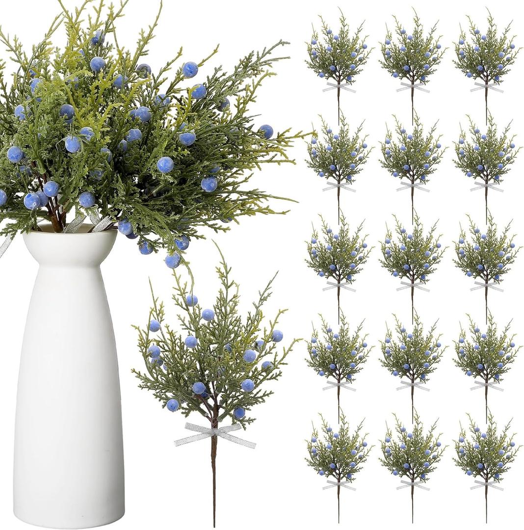Lyrow 15 Pcs Artificial Pine Leaves Branches with Berries Artificial Juniper Cedar Spray Greenery Pine Twigs Stems Pick for Craft DIY Christmas Garland Wreath and Winter Indoor Outdoor Decorations