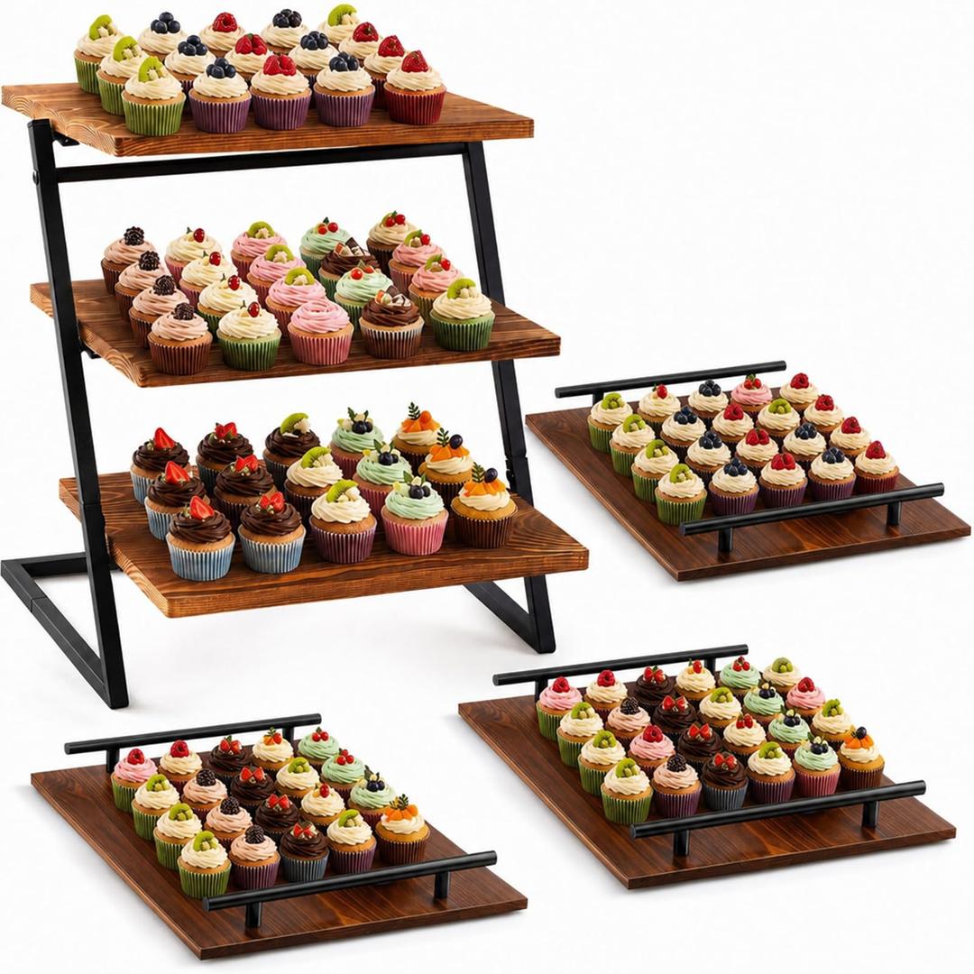 Set of 4 Cupcake Stand for 180 Cupcakes, 3 Tier Wooden Cup Cake Stand
