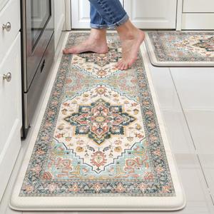 Kitchen Mats for Floor Cushioned Anti Fatigue,Boho Vintage Blue Kitchen Rugs Sets of 2 Non Slip,Memory Foam Waterproof Comfort Standing Mat Carpet for Sink Laundry Office (17.3" x 47 "+ 17.3" x 29 "--0.47 inches)