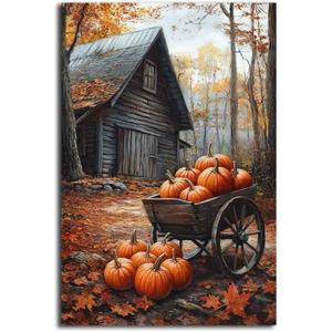 MNFGMH Farmhouse Pumpkin Barn Wall Art, Autumn Pumpkins Print, Printable Countryside Fall Painting, Autumn Halloween Decor, Fall Foliage Picture Gifts Canvas Roll 16x24 inch (Color9-Unframed)