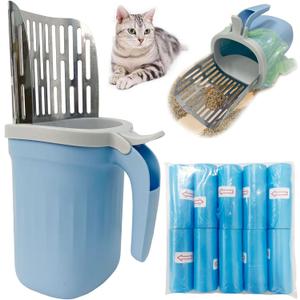 Cat Litter Scoop, Large Capacity Mess-Free Cat Litter Scooper with 10 Rolls/300 Count Refill Bags, Spill-Proof Kitty Box Sifter, Bin Doubles as Scoop Holder