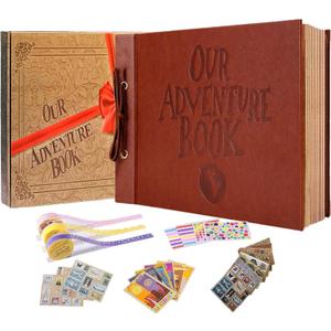 Adventure Book Handcrafted 11.92 x 7.62" Leather-Bound Scrapbook with 80 Pages, Embossed Lettering, Inspired by 'Up', Ideal for Photos, Weddings&Travel Memories Gift Box Included (Leather Scrapbook)