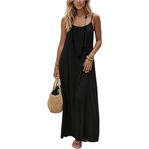 SHENHE Women's Open Back Spaghetti Strap Beach Maxi Dress Loose Flowy Vacation Sundress (Large, Black)
