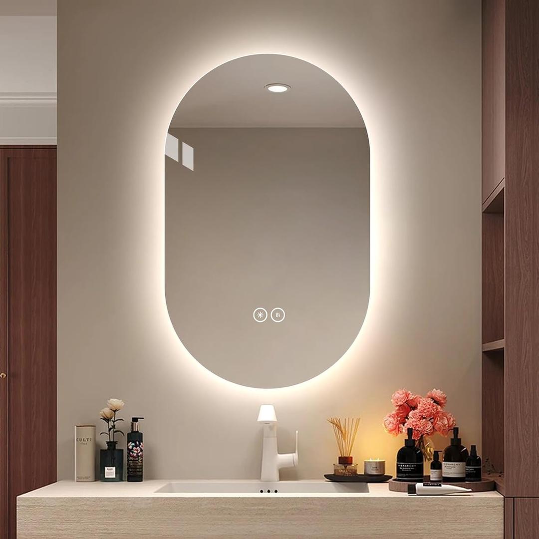 LAIYA 36X22in Oval LED Bathroom Mirror, Frameless Backlit Anti-Fog Dimmable | CRI 95+ 24V IP65 strip, 3000K-6000K colors, 10%-100% brightness, memory, 5mm copper-free glass, vertical/horizontal install.