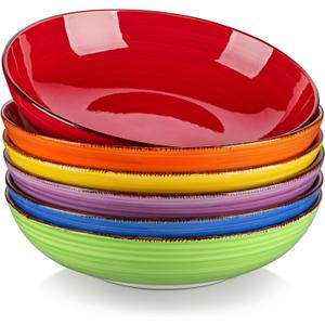 vancasso Bonita Pasta Bowls Set of 6, 38 oz Shallow Bowls, Ceramic Pasta Plates and Salad Bowls, Microwave & Dishwasher Safe Serving Bowls, Assorted Colors
