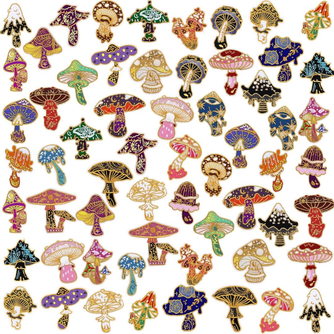 60 Pcs Mushroom Iron on Patches Mini Embroidered Sew on Applique Patches for Clothes DIY Decorative Gift Jackets Jeans Backpacks Hats Dress Pants Shoes Craft