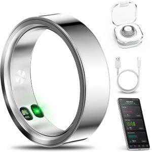 Smart Ring with Call/Clock/Events Alerts, No APP Subscription, Body Temp/Heart Rate/Women's Health Tracker, 5ATM Waterproof Fitness Ring for Android & iOS, Size: 7#
