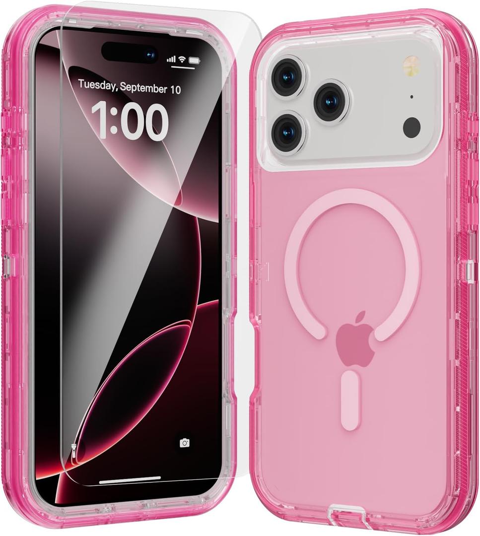 for iPhone 17 Pro Max Case, Fits Magsafe,Heavy Duty Shockproof Protection Phone Cases with Screen Protector*1, Magnetic Transparent Protective Cover for iPhone 17 ProMax 6.9 '', Pink