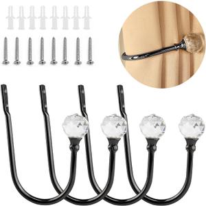4 Pack Curtain Holdbacks, Wall Mounted Curtain Tiebacks, Glass Crystal with U Shape Curtain Pull Backs with Screws for Home Office-Black