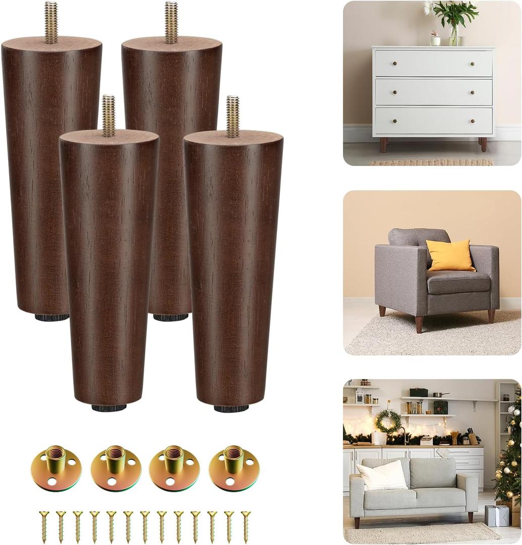 Yes4All 6-Inch Round Wooden Furniture Legs Set of 4, Adjustable Replacement Feet for Couch, Bed, Dresser, and Ottomans, Tapered Legs with Levelers, Brown Wood Components for Tables and Chairs