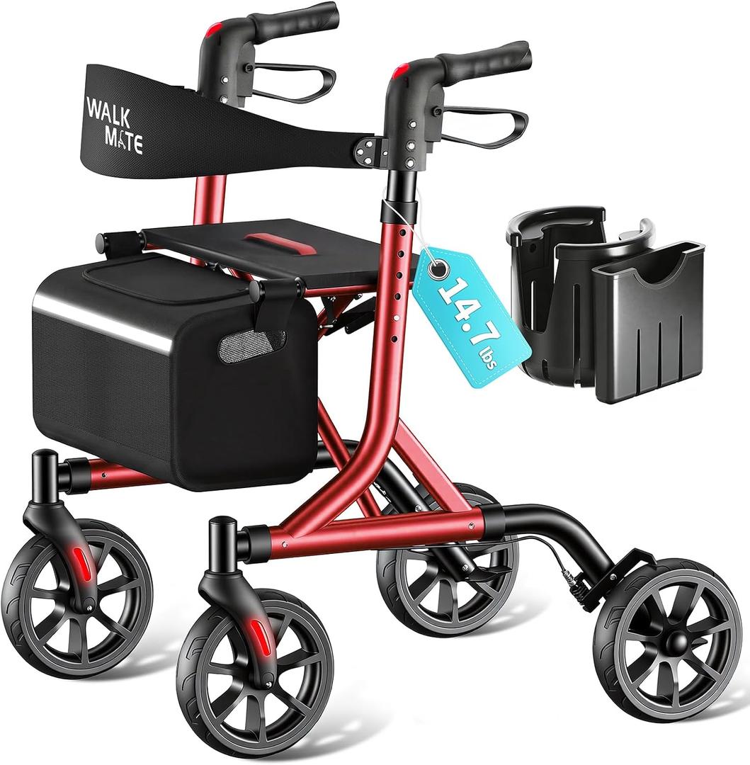WALK MATE Rollator Walker for Seniors with Cup Holder, Upgraded Thumb Press Button for Height Adjustment, 8 Inch Wheels Walker with Seat Folding 14.7lb Lightweight Walking Aid, 300 lb Capacity, Red