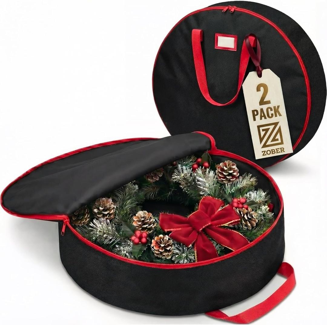 ZOBER 2 Pack Oxford Christmas Wreath Storage Container 36 Inch - Wreath Bag for Artificial Wreaths Box - Waterproof Fabric, Dual Zippered Wreaths Storage Bag With Strong Durable Handles - Black