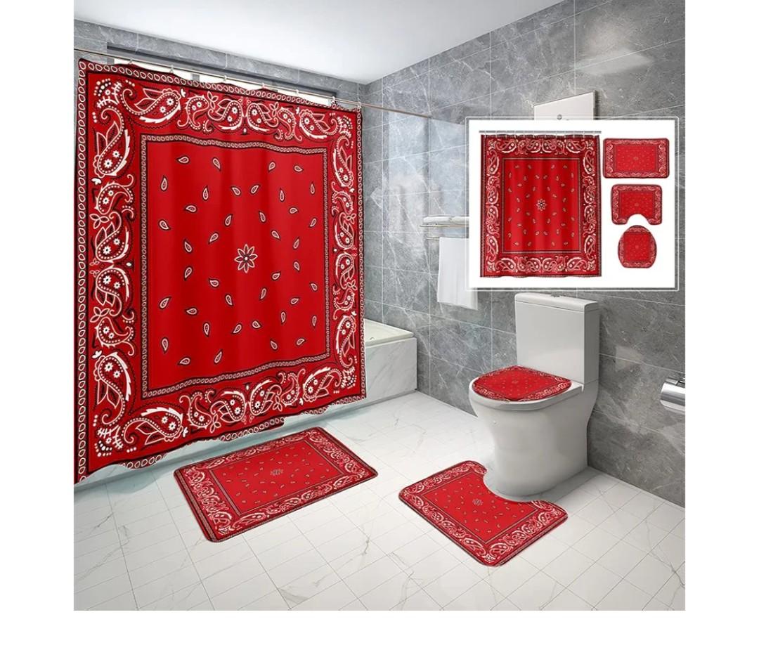 4 Piece Abstract Paisley Shower Curtain Waterproof Red Bandana Elegant Ethnic Tribal Bathroom Sets with Non-Slip Rugs, Toilet Lid Cover and Bath Mat with Standard Size