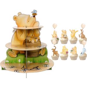 Winnie Cupcake Holder and Cupcake Toppers Set 3 Tier Pooh Baby Shower Cupcake Stand Cardboard Dessert Holder for Birthday Party Supplies Decorations
