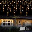 Dazzle Bright 360 LED Christmas Icicle Lights, 29.5 FT 8 Modes Curtain Fairy Lights with 60 Drops, Connectable Xmas String Lights for Outside Holiday Wedding Party Decorations (Warm White)