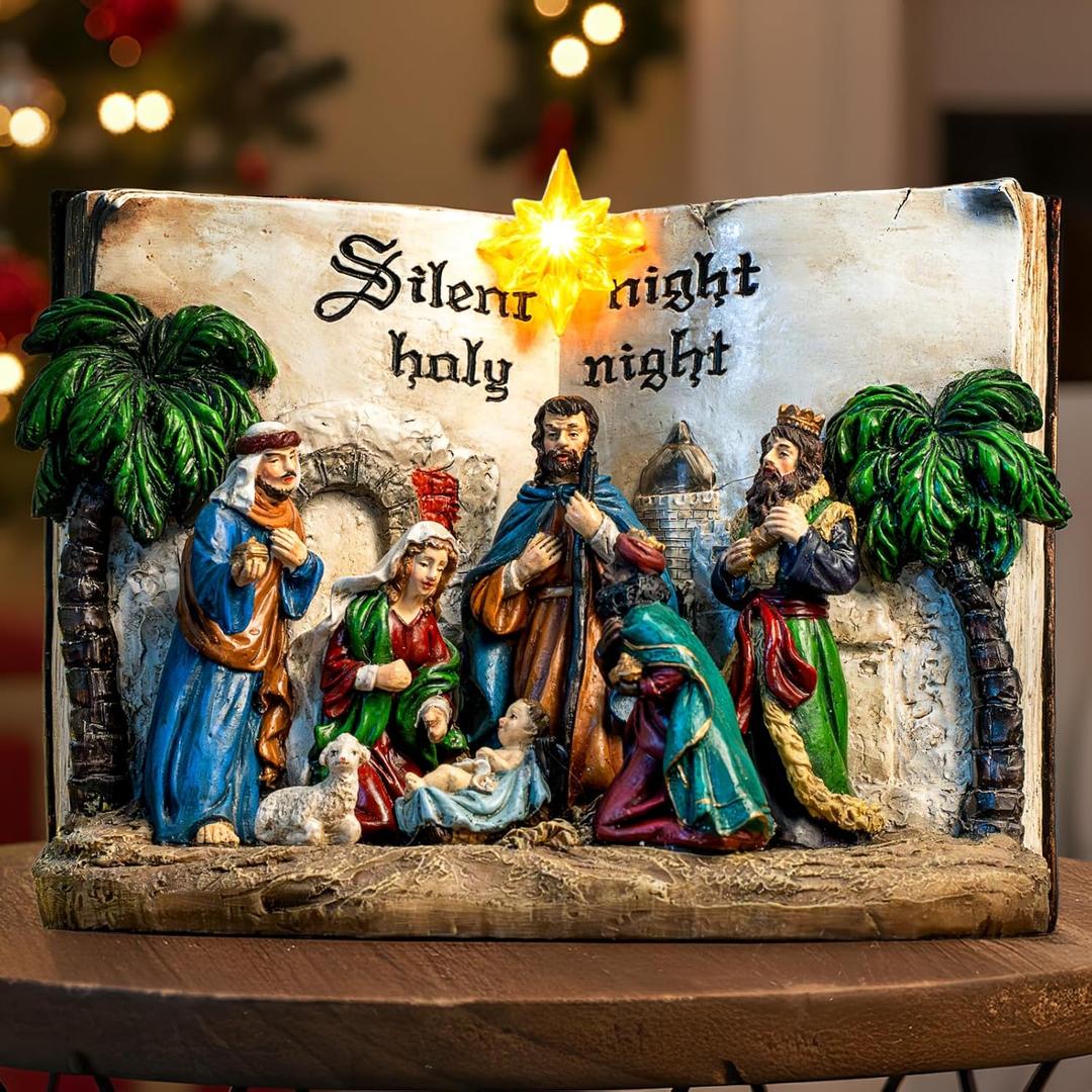 Christmas Nativity Bible Manger Scene with Star LED Light, Christmas Holy Family Nativity Figurines for Xmas Decor Gift, Tabletop Decorative Christmas Ornaments