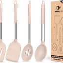 Pack of 4 Silicone Cooking Utensils Set, Non Stick Large Solid Spatulas, Heat Resistant Stainless Steel Khaki Slotted Spoons, Ideal BPA Free Kitchen Turners for Frying, Mixing,Serving,Draining,Turning