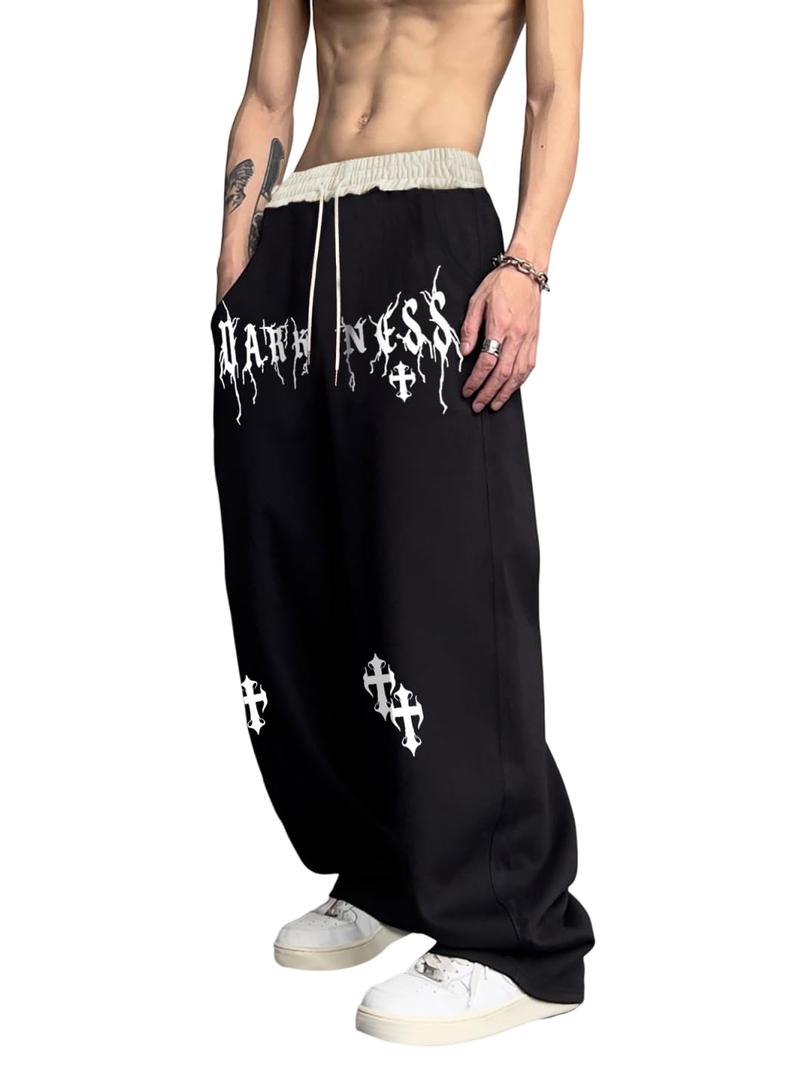 VIPWOLF Men's Baggy Wide Leg Sweatpants Y2k Letter Graphic Stacked Jogger Trousers Workout Gym Track Pants Streetwear Black White Small